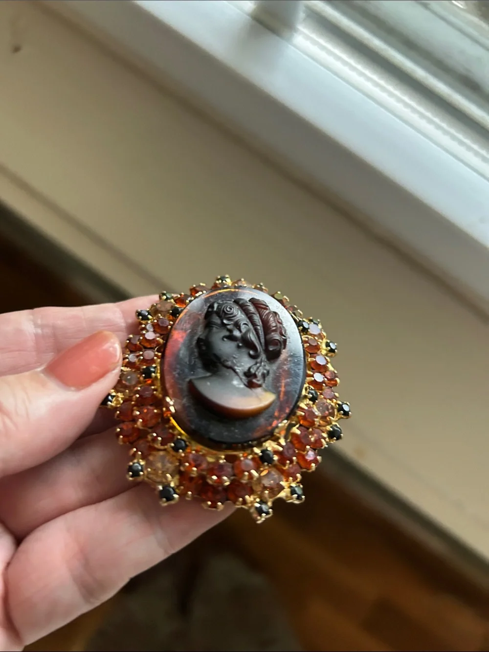 Vintage-Delazza-Elster Juliana Black Cameo Brooch with Amber and Black Accents